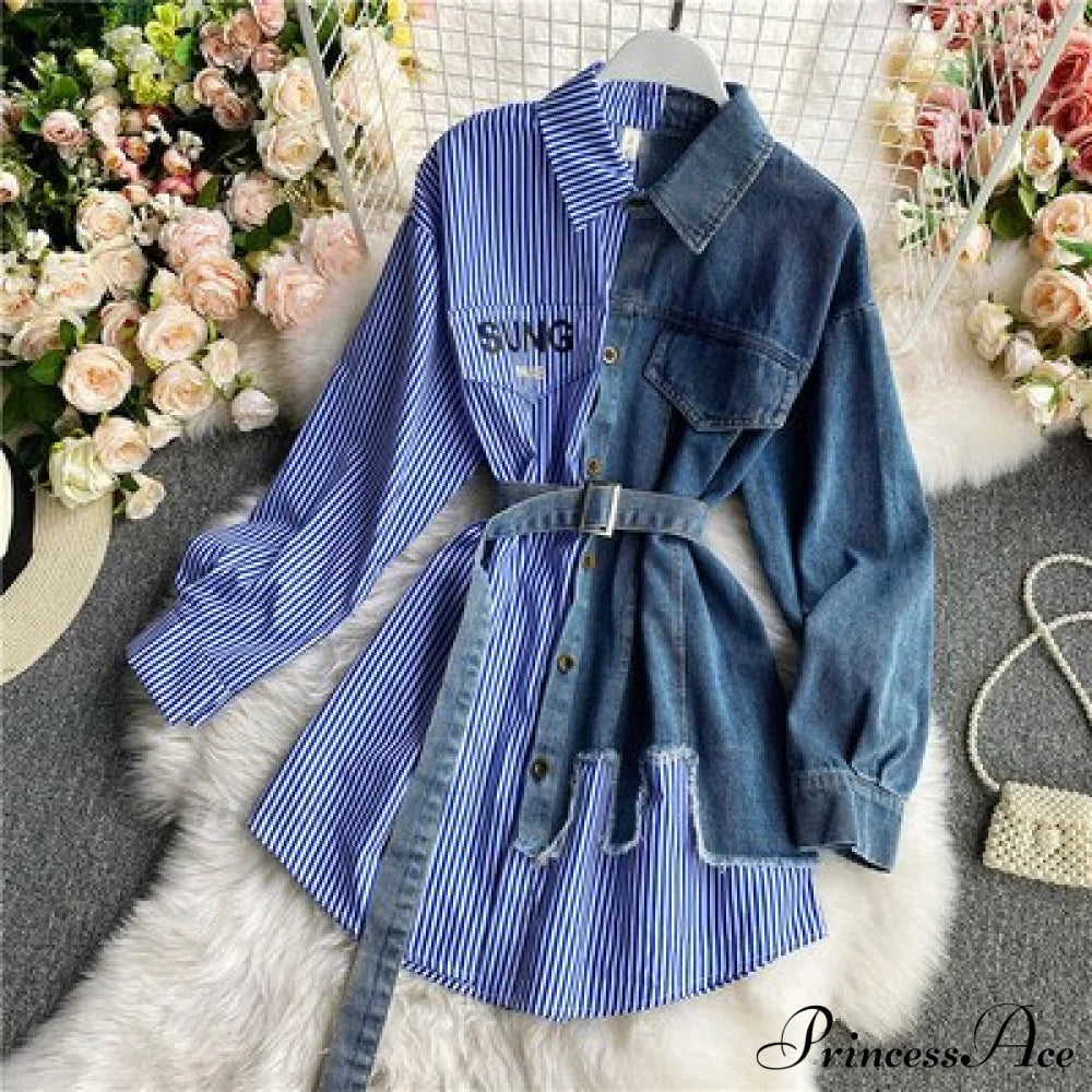 Blouse Patchwork - Plaid Jeans Long Blouse Women's with Autumn Arm Elegant Design Slim Dress