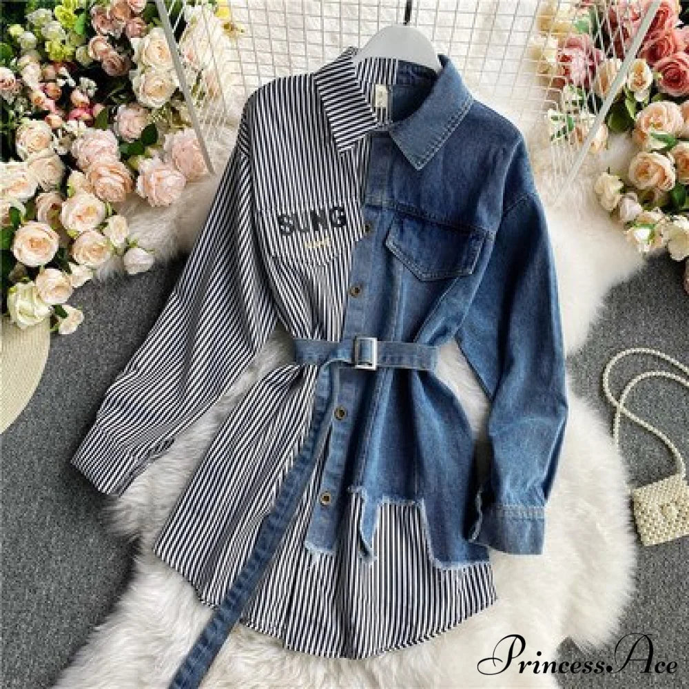 Blouse Patchwork - Plaid Jeans Long Blouse Women's with Autumn Arm Elegant Design Slim Dress