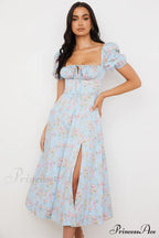 Blue And Pink Charming Vintage Print Midi Skirt
