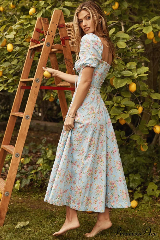 Blue And Pink Charming Vintage Print Midi Skirt