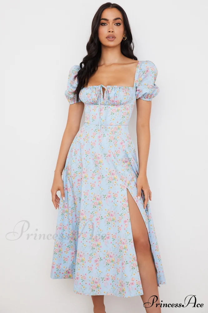 Blue And Pink Charming Vintage Print Midi Skirt