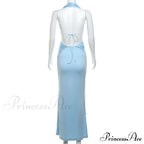 Blue Deep Slit Charming Neck Pleated Maxi Dress