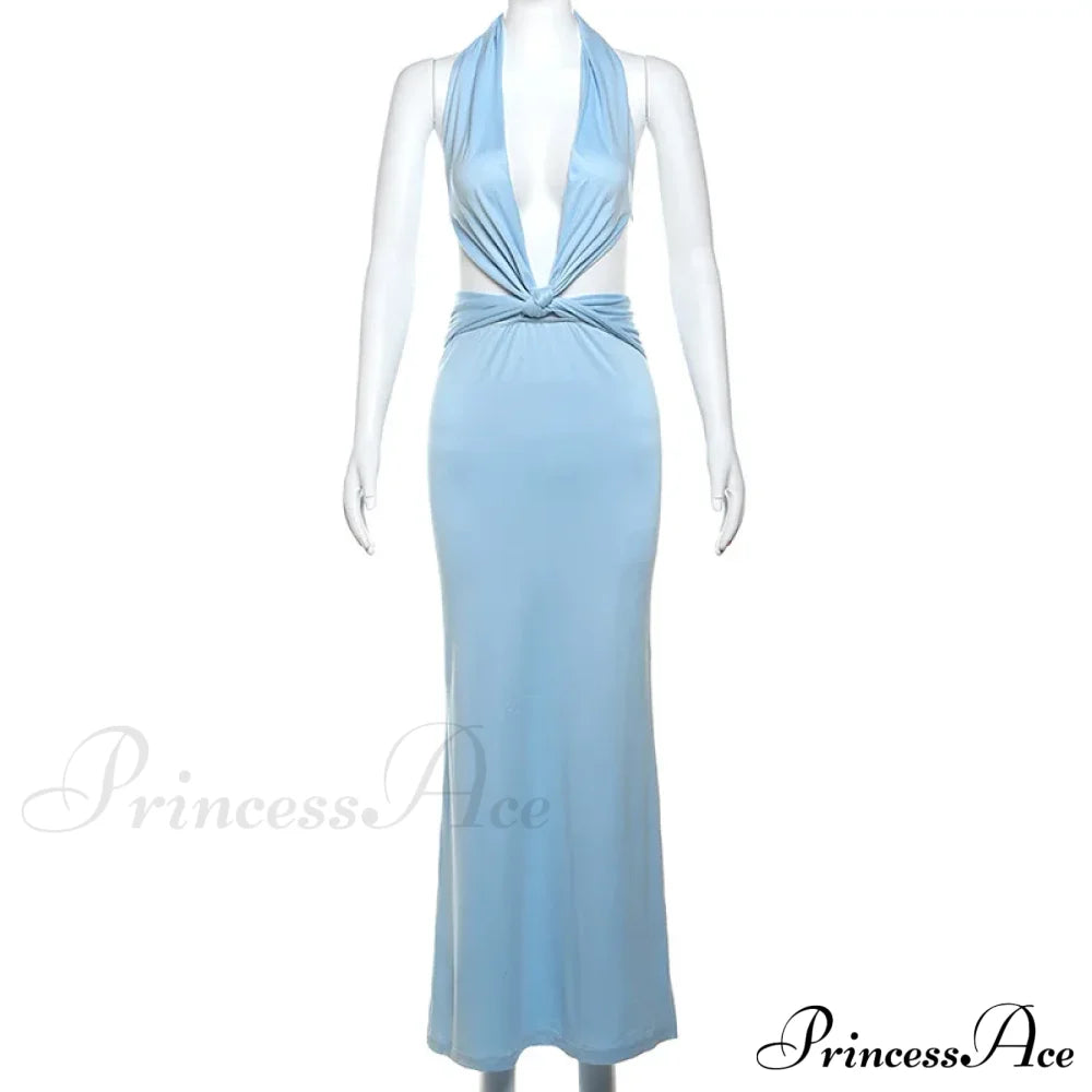Blue Deep Slit Charming Neck Pleated Maxi Dress