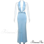 Blue Deep Slit Charming Neck Pleated Maxi Dress