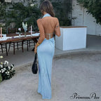 Blue Deep Slit Charming Neck Pleated Maxi Dress