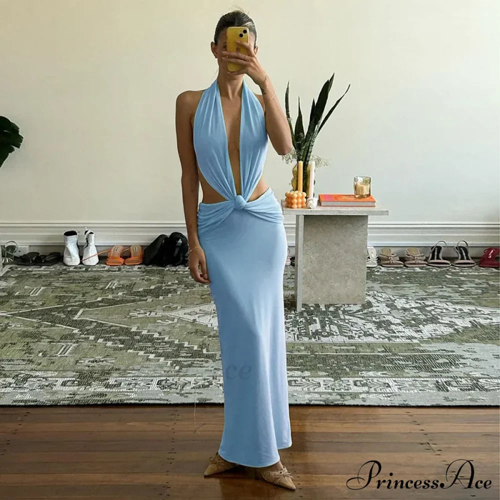 Blue Deep Slit Charming Neck Pleated Maxi Dress