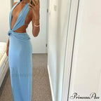 Blue Deep Slit Charming Neck Pleated Maxi Dress