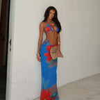 Blue Floral Bikini Three Piece Swimsuit