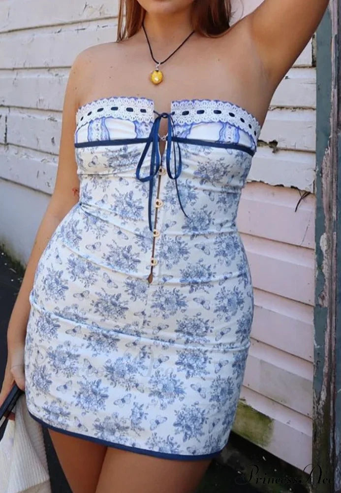 Blue Floral Lace Charming Tube Mini Dress
