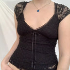 Blue Floral Lace Milkmaid Y2K Crop Top