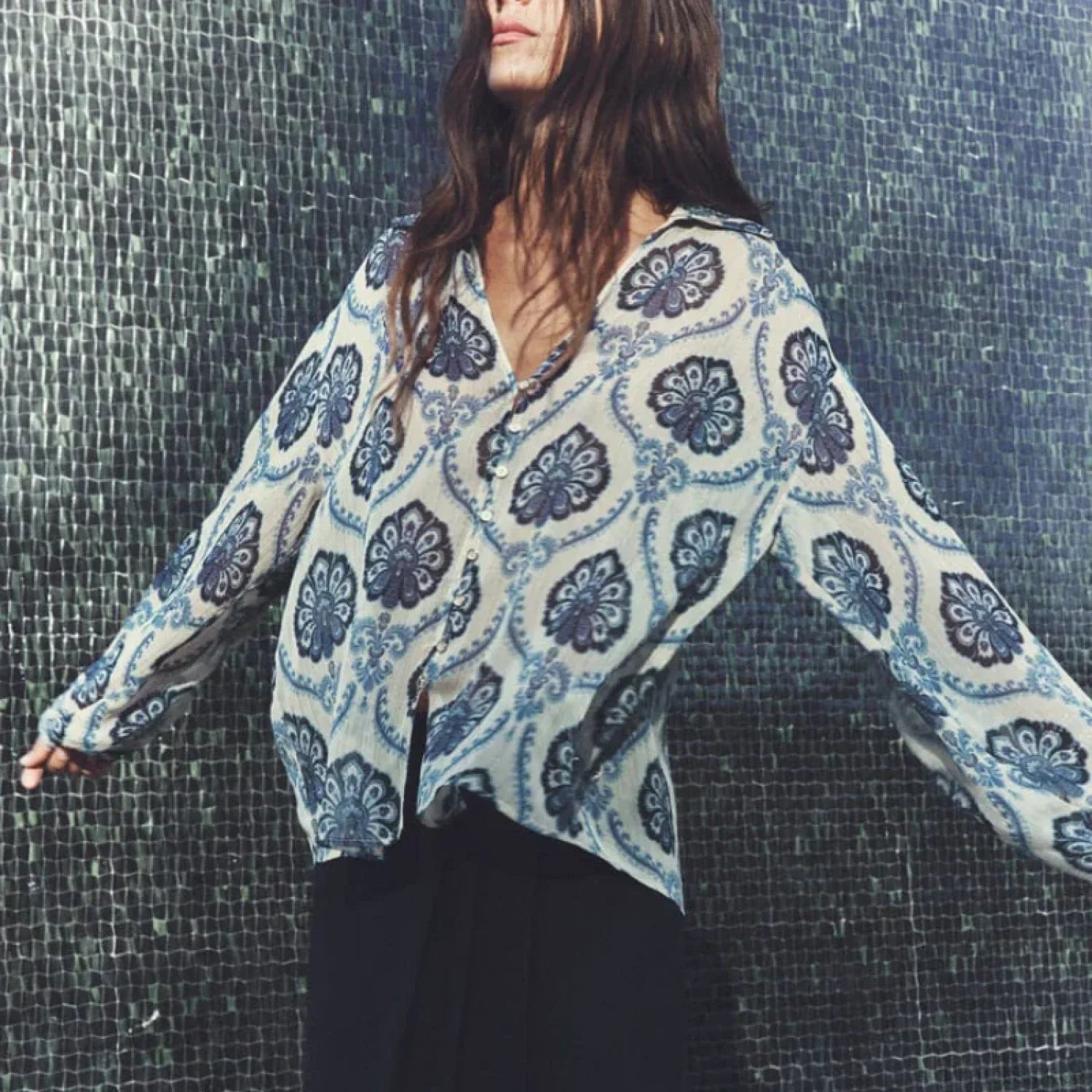 Blue Floral Printed Long Sleeve V-Neck Boho Blouse
