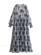 Blue Floral Printed Long Sleeve V-Neck Boho Blouse