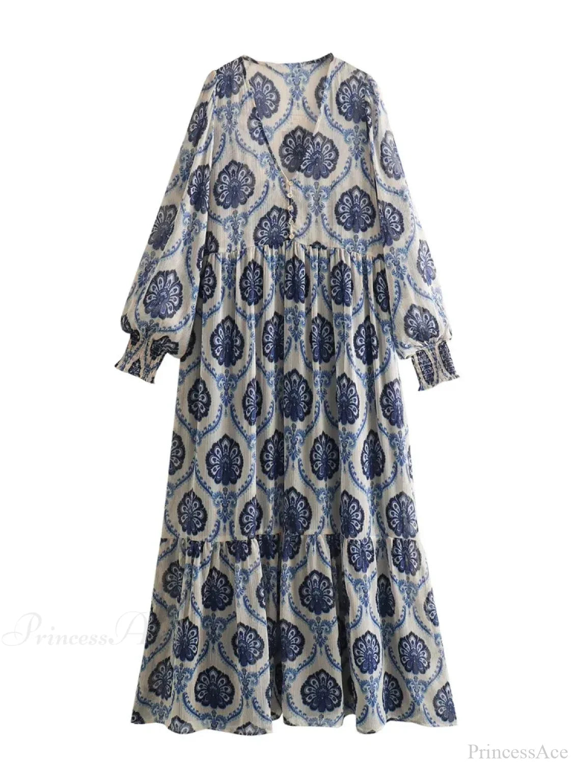 Blue Floral Printed Long Sleeve V-Neck Boho Blouse