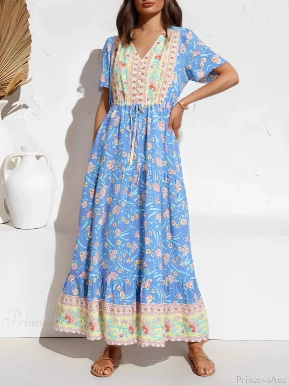 Blue Floral Ruffles Tassel Boho Dress