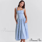 Blue Gingham Stylish Strap Midi Dress