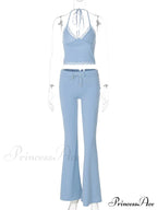Blue Halter Crop Top Graceful And Flare Pants Set