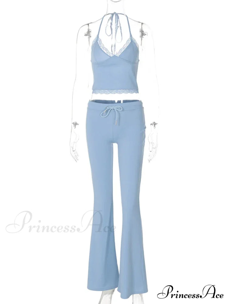 Blue Halter Crop Top Graceful And Flare Pants Set