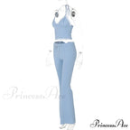 Blue Halter Crop Top Graceful And Flare Pants Set