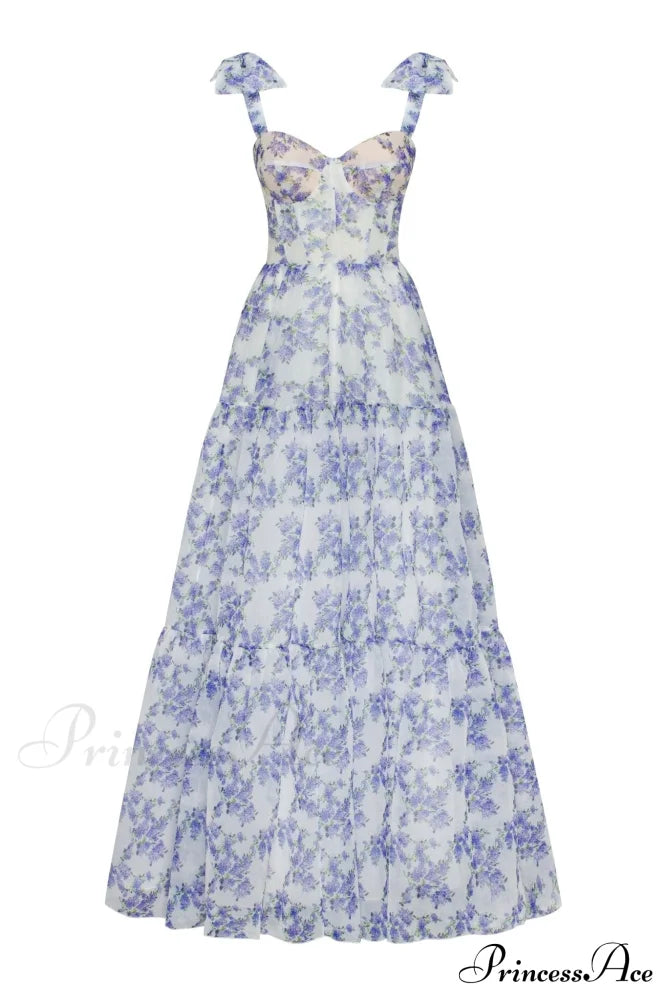 Blue Hydrangea Tender Charming Tie-Strap Maxi Dress
