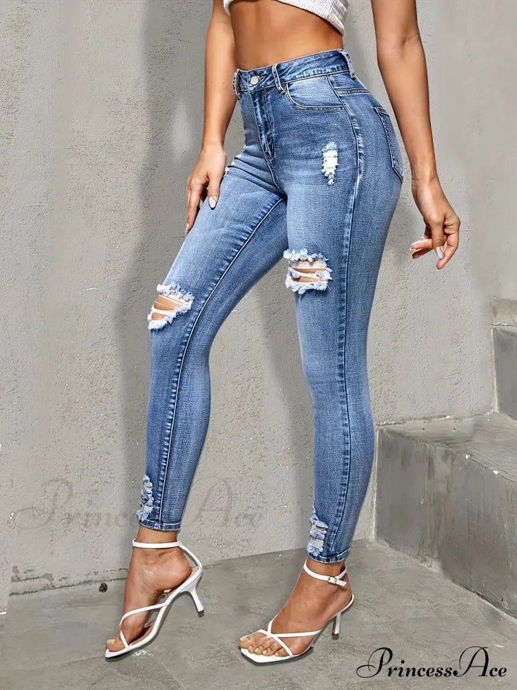 Blue Ripped Holes Skinny Slim Fit High Stretch Distressed Tight Women's Denim & Clothing Jean