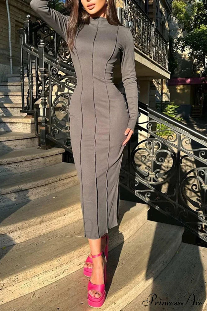 Bodycon Dress with Crew Neck and Slit