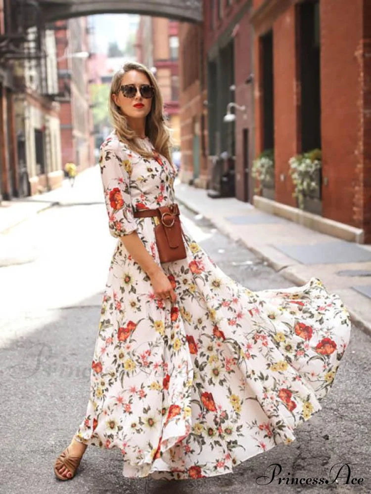 Bohemia Gown Full-Length Neck Half with Round and Flowered Sleeves Boho Dress