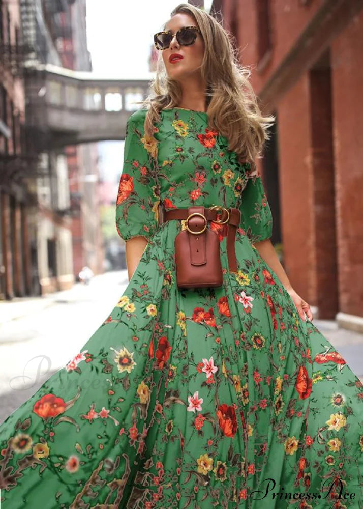 Bohemia Gown Full-Length Neck Half with Round and Flowered Sleeves Boho Dress