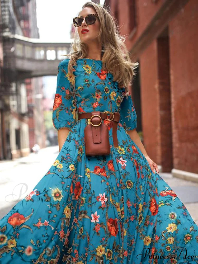 Bohemia Gown Full-Length Neck Half with Round and Flowered Sleeves Boho Dress