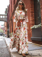 Bohemia Gown Full-Length Neck Half with Round and Flowered Sleeves Boho Dress