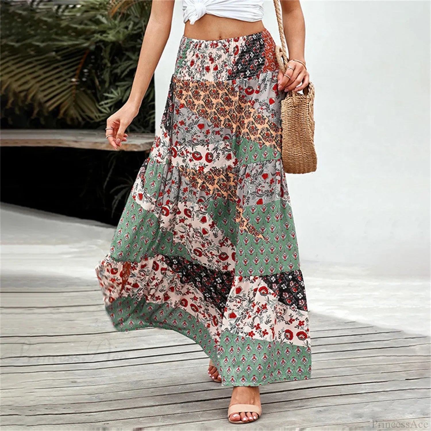 Bohemian Elastic Waist Floral Print Vintage Skirt