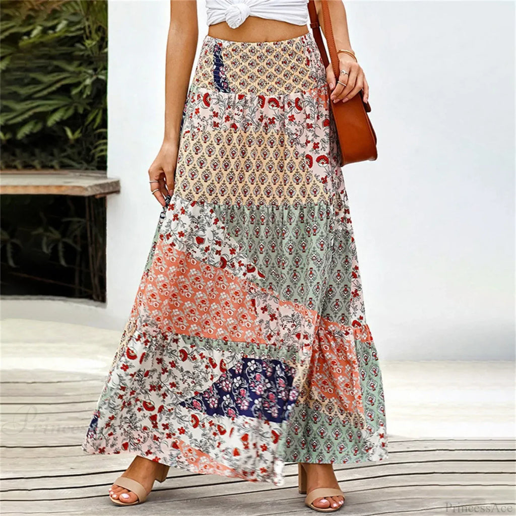 Bohemian Elastic Waist Floral Print Vintage Skirt