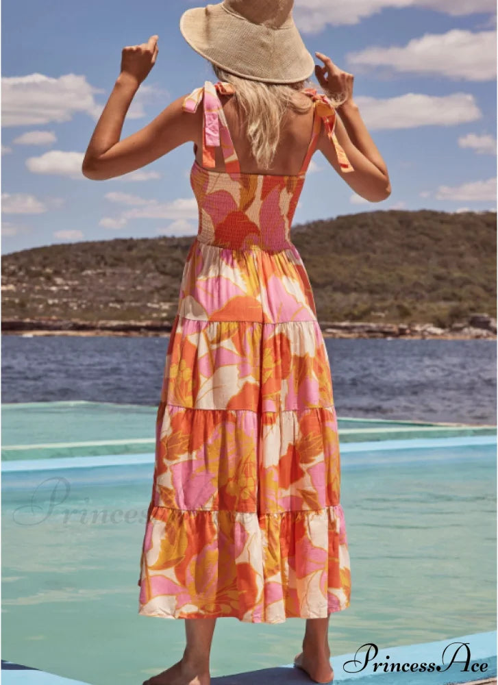 Bohemian Festive Warm-Season Elastic Gown Design with Coastal Women Tie Sundress Up Straps