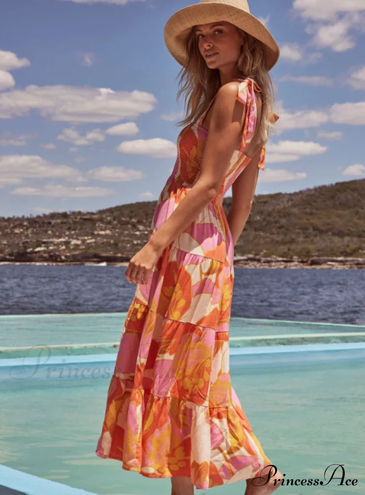 Bohemian Festive Warm-Season Elastic Gown Design with Coastal Women Tie Sundress Up Straps
