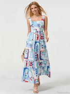 Bohemian Floral Geometric Print Flow Tank Square Neck Sleeveless A-Line Dress
