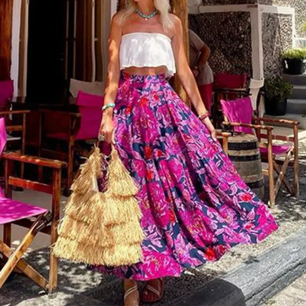 Bohemian Print Floral Summer High Waist Beach Loose Skirt
