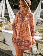 Boho Beach Dress Female Vintage Dress Printed Mini Casual 3/4 Sleeve Loose Elegant