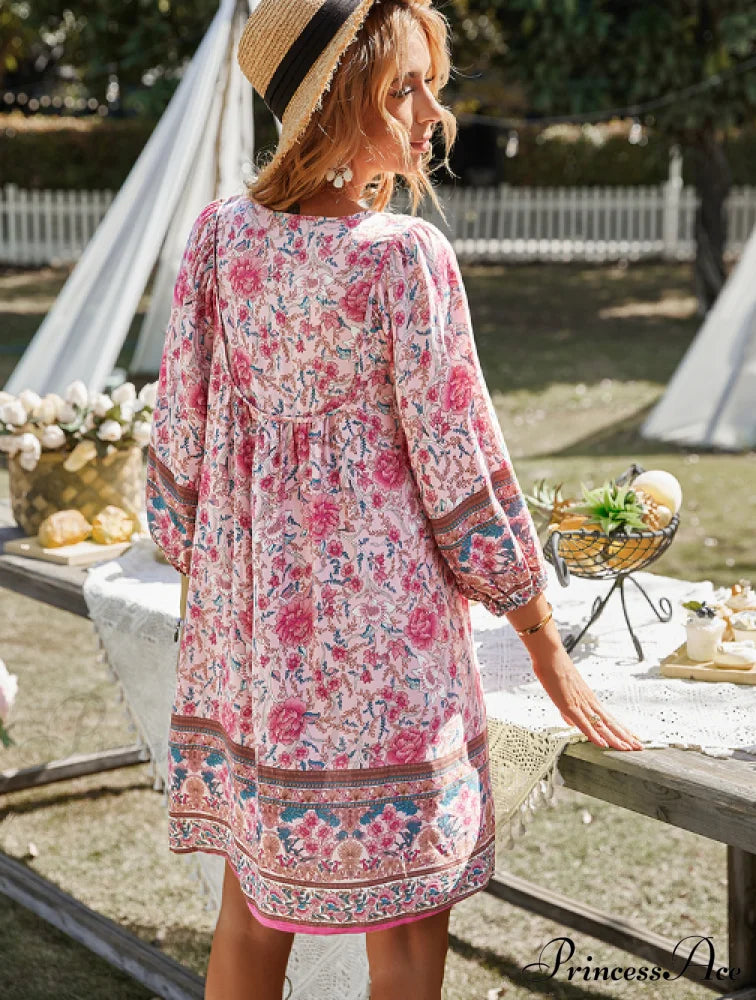 Boho Beach Dress Female Vintage Dress Printed Mini Casual 3/4 Sleeve Loose Elegant