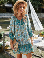Boho Beach Dress Female Vintage Dress Printed Mini Casual 3/4 Sleeve Loose Elegant