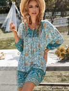 Boho Beach Dress Female Vintage Dress Printed Mini Casual 3/4 Sleeve Loose Elegant