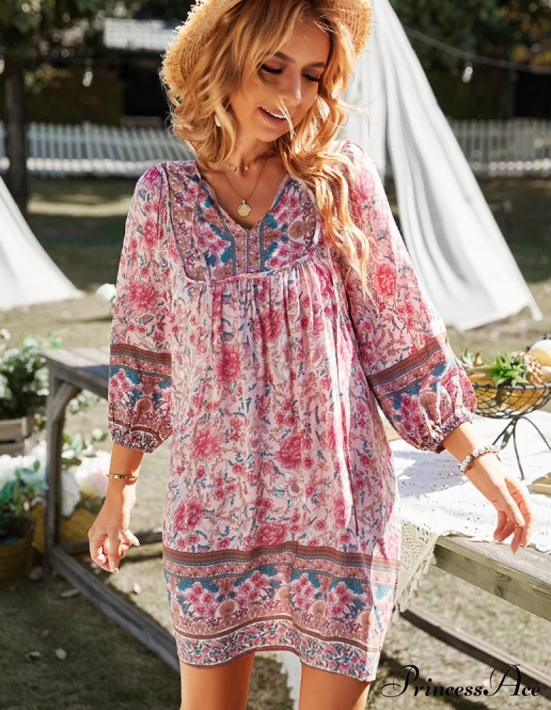 Boho Beach Dress Female Vintage Dress Printed Mini Casual 3/4 Sleeve Loose Elegant