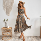 Boho Two Piece Floral Crop Top and Skirt Set