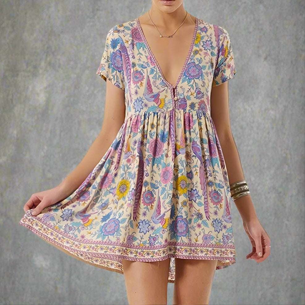 Boho Vintage Floral Print Mini Dress