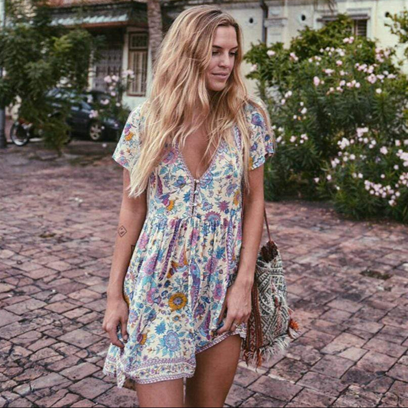 Boho Vintage Floral Print Mini Dress