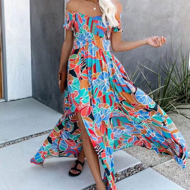 Boho Off Shoulder Colorful Floral Maxi Dress