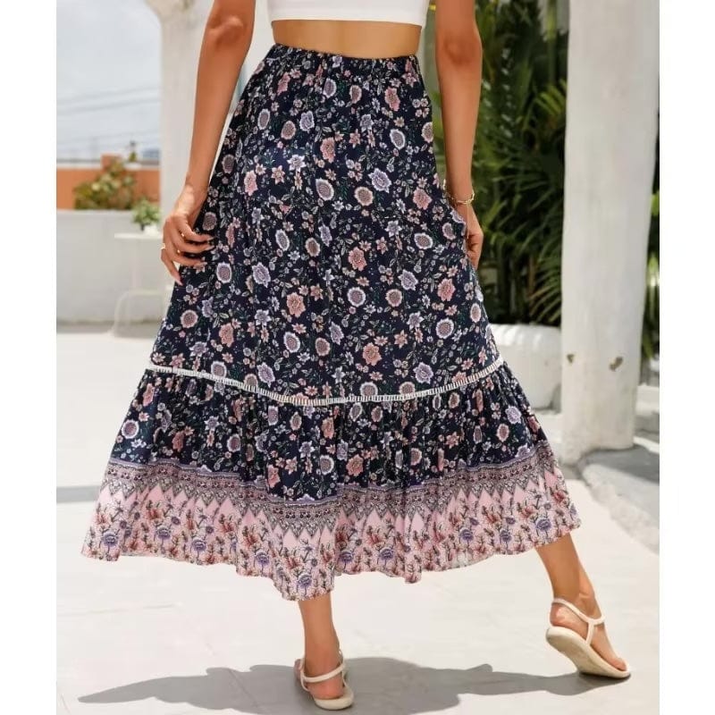 Boho High Waist Floral Print Maxi Skirt