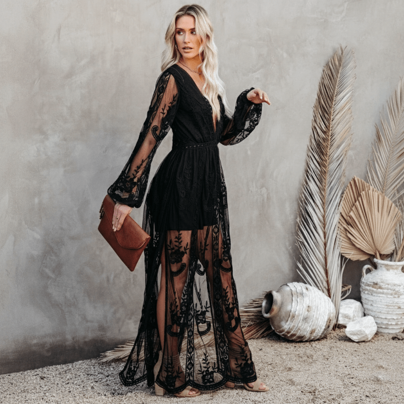 Black Boho Lace Maxi Dress