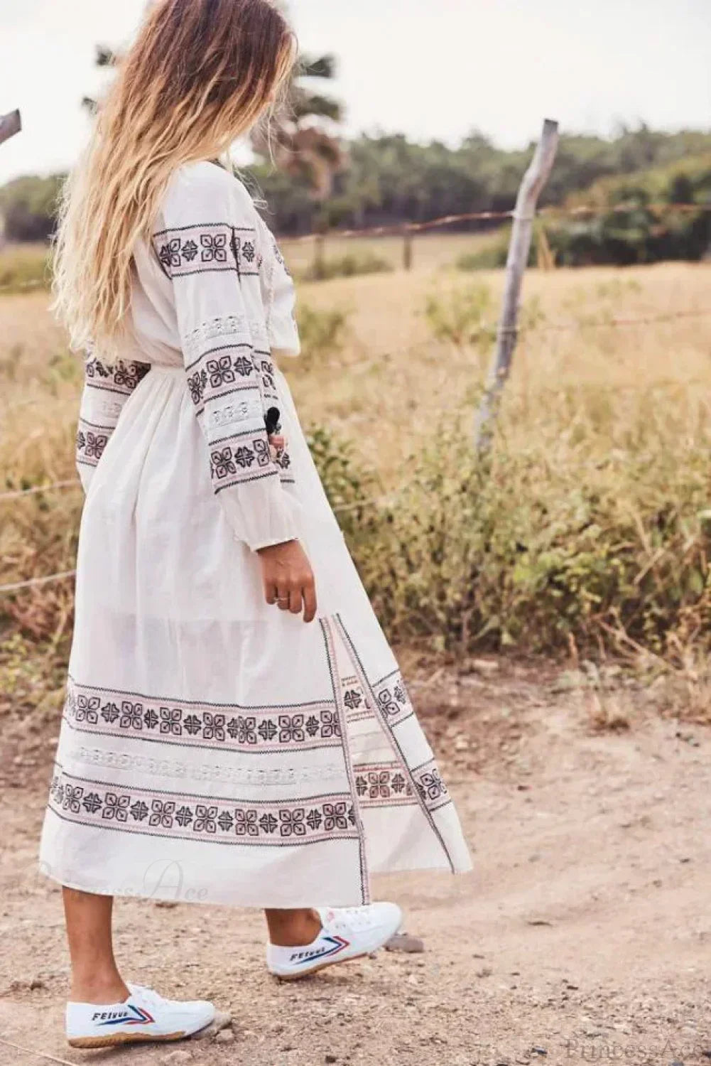 Boho Blue/White Cotton Rayon Maxi Dress