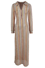 Boho Collared V Neck Split Wavy Striped Crochet Beach Vacation Maxi Dress - Brown