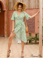 Boho Floral Print Vintage Midi Dress with Ruffle Sleeves for Women