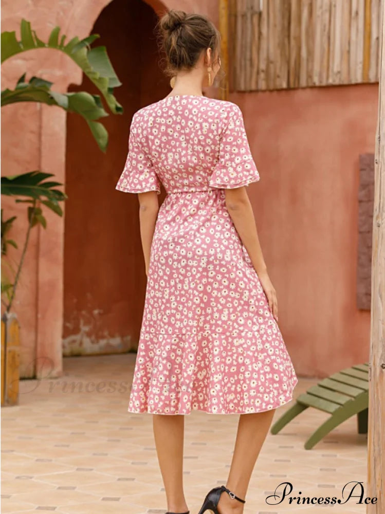Boho Floral Print Vintage Midi Dress with Ruffle Sleeves for Women